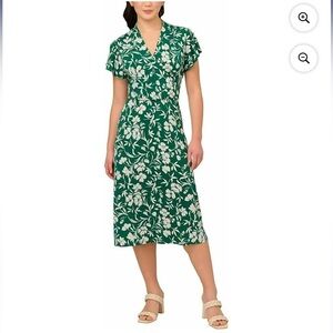 NWT! Adrianna Papell Women's Flutter Sleeve Floral Green&White Midi Dress Sz XL